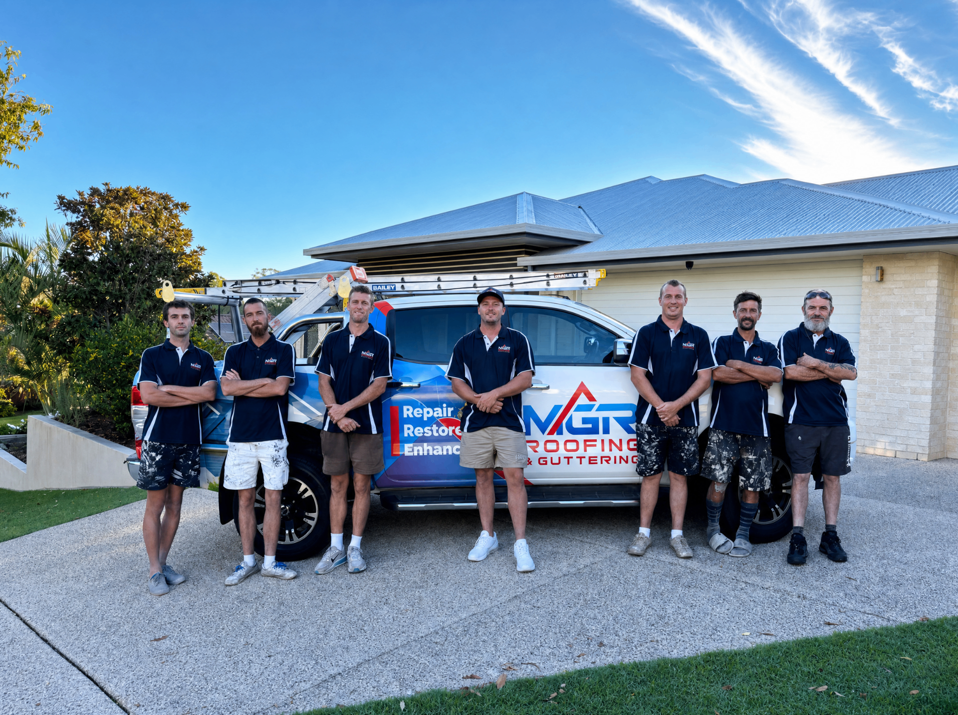 MGR Roofing & Guttering team in front of a branded work vehicle